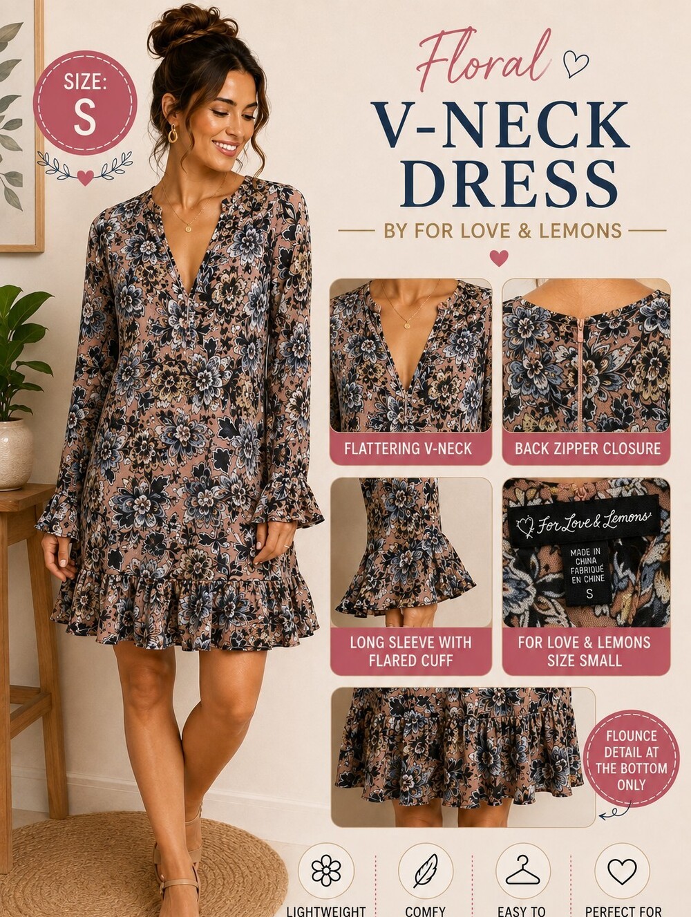 For Love And Lemons Blush Pink Floral Long-Sleeve Ruffle Dress